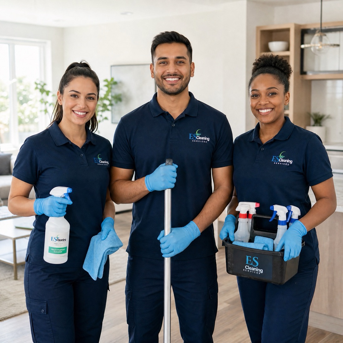 The ES Cleaning Services in-house team in navy uniforms, holding branded supplies